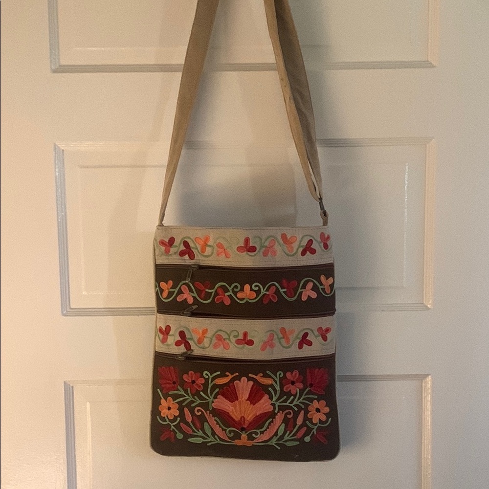 Suede Embroidered Floral Shoulder Bag - Multicolor